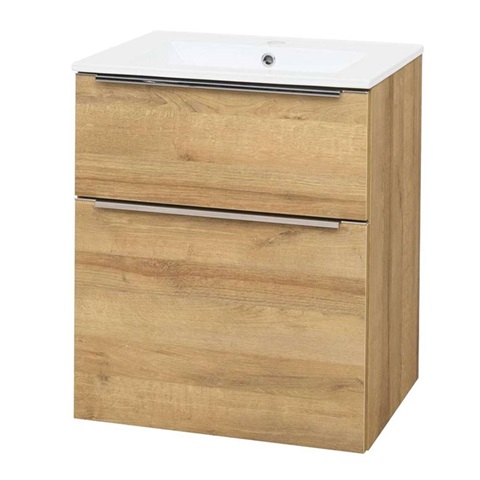Mailo, koupelnová skříňka s keramickým umyvadlem 61 cm, dub Riviera, chrom madlo