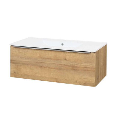 Mailo, koupelnová skříňka s keramickým umyvadlem 101 cm, dub Riviera, chrom madlo