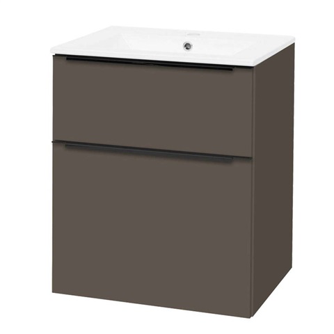 Mailo, koupelnová skříňka s keramickým umyvadlem 61 cm, šedá láva, černé madlo
