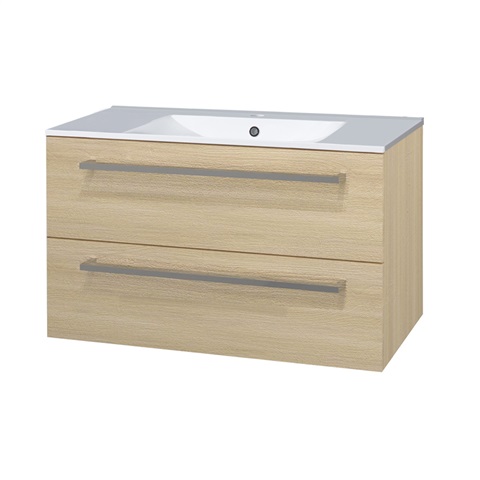 Bathroom cabinet with ceramic washbasin 100 cm, oak