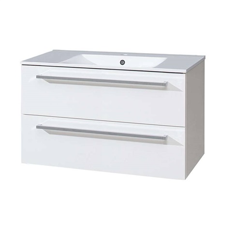 Bathroom cabinet with ceramic washbasin 100 cm, white / white