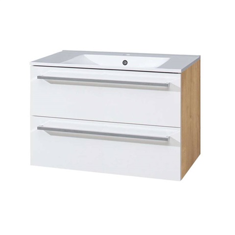 Bino, koupelnová skříňka s keramickým umyvadlem 81 cm, bílá/dub