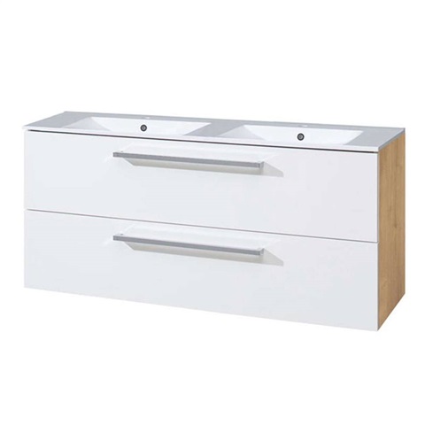 Bino, koupelnová skříňka s keramickým umyvadlem 121 cm, bílá/dub