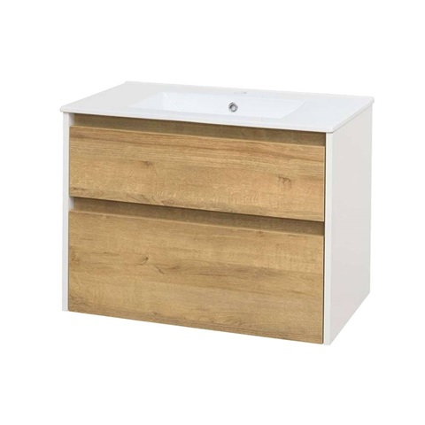 Opto, koupelnová skříňka s keramickým umyvadlem 81 cm, bílá/dub Riviera