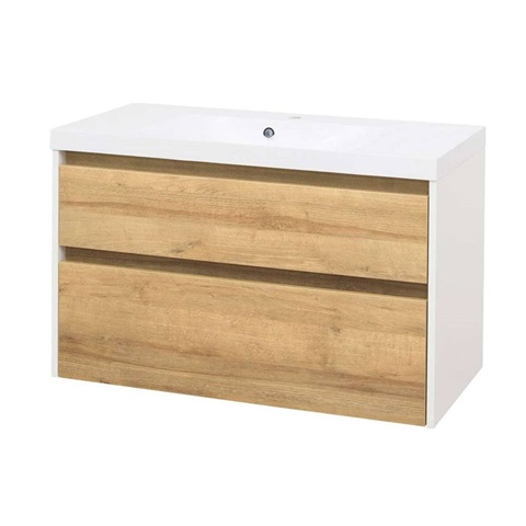 Opto, koupelnová skříňka s umyvadlem z litého mramoru 101 cm, bílá/dub Riviera