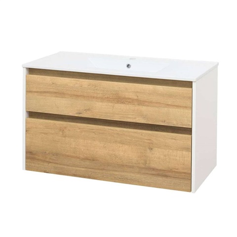Opto, koupelnová skříňka s keramickým umyvadlem 101 cm, bílá/dub Riviera
