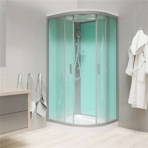 Sprchový box, čtvrtkruh, 100cm, satin ALU, sklo Point, zadní stěny zelené, litá vanička, se stříškou