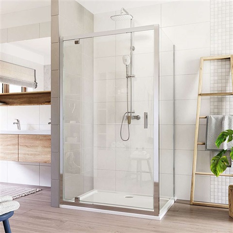 Shower enclosure, Lima, pivot door and fixed glass, rectangle, chrom. profiles