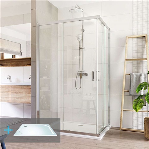 Sprchový set: LIMA, obdélník, 100x90 cm, chrom ALU, sklo Čiré, vanička z litého mramoru