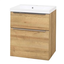 Mailo, koupelnová skříňka s umyvadlem z litého mramoru 61 cm, dub Riviera, chrom madlo