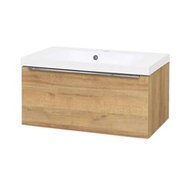 Mailo, koupelnová skříňka s umyvadlem z litého mramoru 81 cm, dub Riviera, chrom madlo