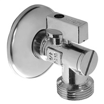Angle ball valve, with non return flap, filter and rosette chrome-plated brass