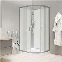 Sprchový box, čtvrtkruh, 90 cm, satin ALU, sklo Point, zadní stěny bílé, litá vanička, bez stříšky