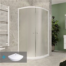 Sprchový set z Kory Lite, štvrťkruh, 90 cm, biely ALU, sklo Grape a vysoké SMC vaničky