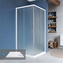 Kora sprchový set: čtvercový kout 90 cm, bíly ALU, sklo Grape, vanička, sifon