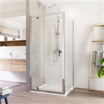 Shower enclosure, Lima, square, pivot door and side fixed glass, chrom. profiles