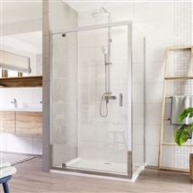 Shower enclosure, Lima, pivot door and fixed glass, rectangle, chrom. profiles